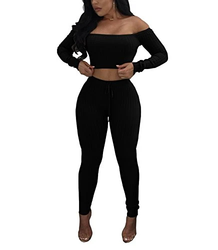 Women′s Sexy 2 Pieces off Shoulder Long Sleeve Crop Top Long Pant Bodycon Jumpsuit Skinny Black Medium