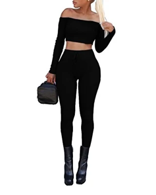 Mujeres sexy 2 piezas fuera del hombro Manga larga Crop Top Pantalón largo Bodycon Mono Flaco Negro Medio